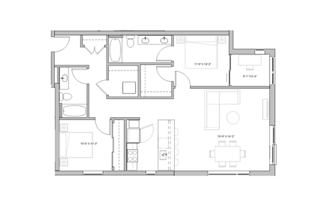 floor plan of the apartment with renovated bedroom and living room on the second floor